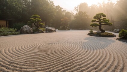 Zen garden featuring raked sand and circular stone patterns, promoting relaxation and meditation