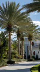 Fototapeta premium Festive palm trees adorned with white and gold lights in a luxurious Florida neighborhood