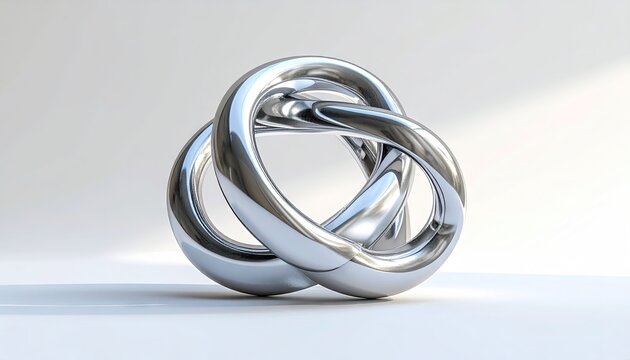 Abstract Shiny Metal Torus Knot Sculpture Against a Light Gray Studio Background with Soft Shadows and Highlights