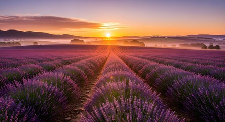 Lavender field at sunrise with mist over distant hills and a vibrant orange sky in the early morning light