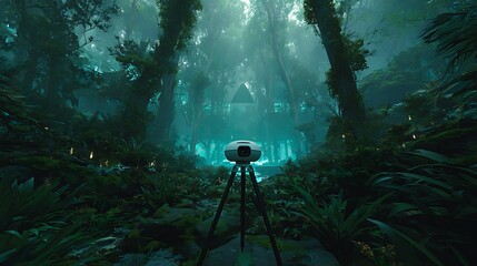 A white camera on a tripod in a forest with green foliage and a triangle in the background fog