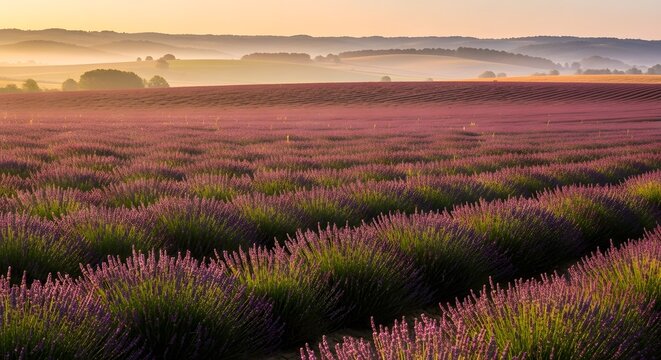 A vast lavender field stretches towards a hazy horizon under a warm morning light landscape view