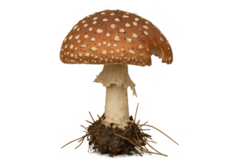 Fly agaric mushroom with brown spotted cap and exposed mycelium, forest fungus on transparent background