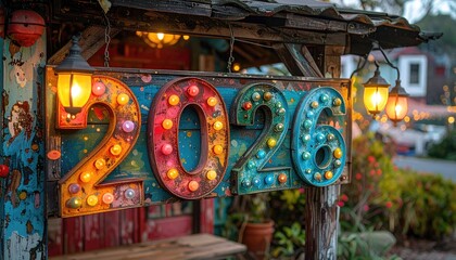 A Colorful Illuminated 2026 Sign Illuminated with Warm Lights and Distant Bokeh Lights at Dusk