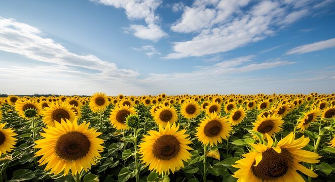 A vast field of sunflowers under a bright blue sky with scattered white clouds on a sunny day in summer - Powered by Adobe