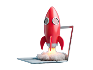 A red rocket taking off from an open laptop, with fire and smoke, symbolizing launch