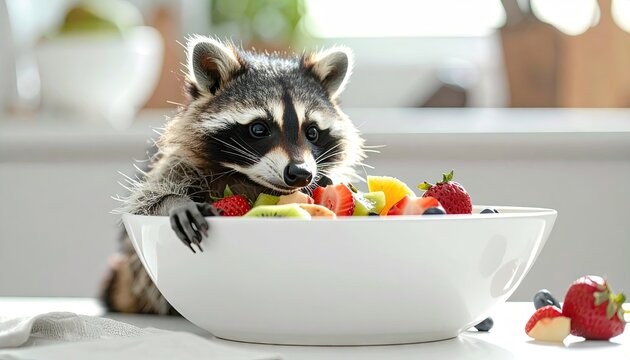 A Curious Raccoon Peeks Over a White Bowl Filled With Freshly Cut Colorful Fruits Including Strawberries Blueberries Kiwi and Oranges In Bright Natural Daylight - Powered by Adobe