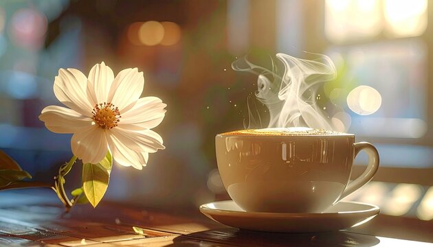 A White Flower and Steaming Coffee Cup on a Wooden Table in the Warm Morning Sunlight with Soft Bokeh Background - Powered by Adobe