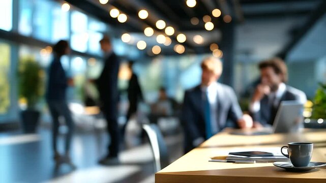 Defocused corporate interior, faceless professionals exchanging ideas under soft morning light, representing teamwork and adaptability in 2026, with copy space.