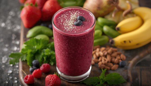 A vegetable and berry smoothie blend, nutrient-rich drink option