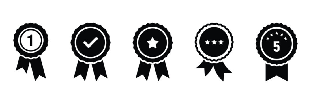 Approved or certified medal icon in a flat style. Rosette icons. Approval check symbol. Winning award, prize, medal or badge. Verified medal icon. set Approved certified icon.