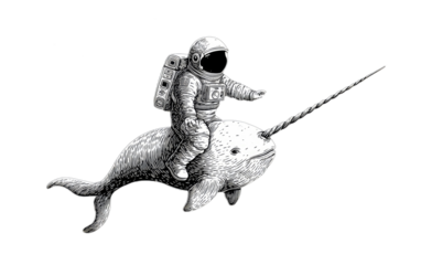 Whimsical astronaut rides a narwhal in a detailed black and white engraving