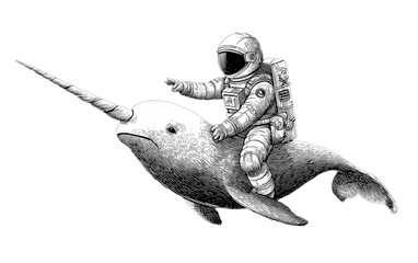 Detailed grayscale illustration of an astronaut riding a narwhal on a black background