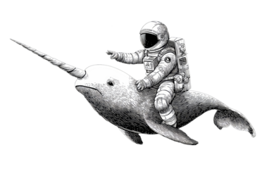 Detailed grayscale illustration of an astronaut riding a narwhal on a black background