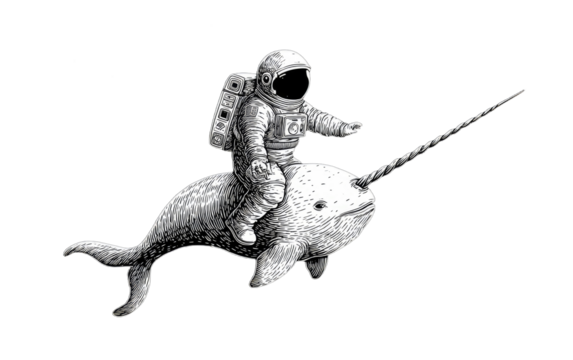 Whimsical astronaut rides a narwhal in a detailed black and white engraving