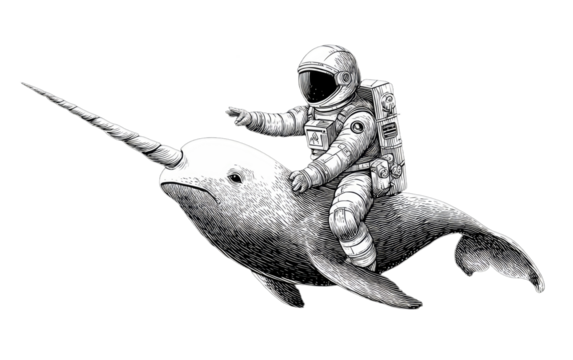 Detailed grayscale illustration of an astronaut riding a narwhal on a black background