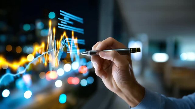 Close-up of faceless hands drawing graphs on transparent board, defocused background of office lights symbolizing innovation and planning, with copy space.
