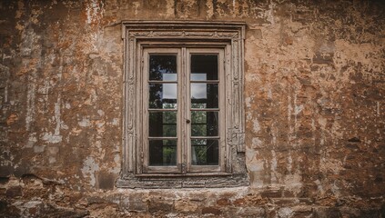 Fototapeta premium An Ancient Window Set in a Weathered Wall of a Historic Building, Erosion Risk