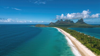 Aerial view of a coastal beach with turquoise waters, ideal backdrop for travel or vacation themes