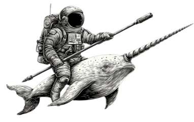 Astronaut riding a narwhal, holding a staff, in a detailed monochrome illustration