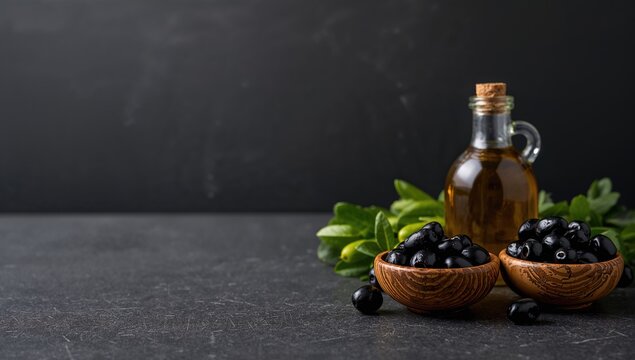 Olive oil and black olives displayed in wooden bowls on a dark surface, suitable for culinary presentations - Powered by Adobe