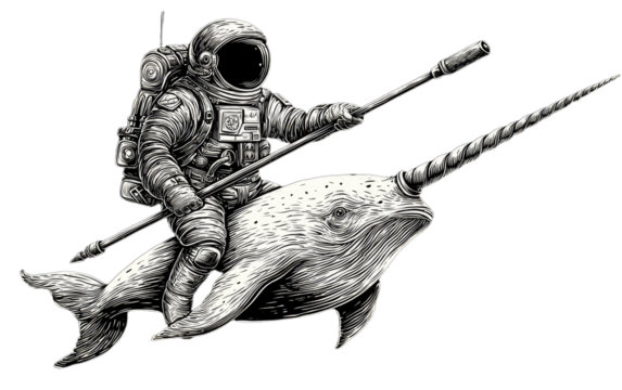 Astronaut riding a narwhal, holding a staff, in a detailed monochrome illustration