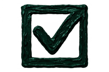Dark green textured check mark icon for approval, success, verification, and completion concept on transparent background