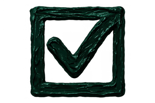Dark green textured check mark icon for approval, success, verification, and completion concept on transparent background
