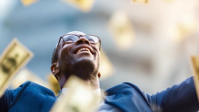 Financial Ecstasy: An African-American male, radiating pure bliss, reaches upwards as money rains down around him, a vivid portrayal of financial triumph and exuberant success.