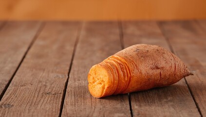 Image of sweet potato placed on a wooden surface, suitable for fried food preparation