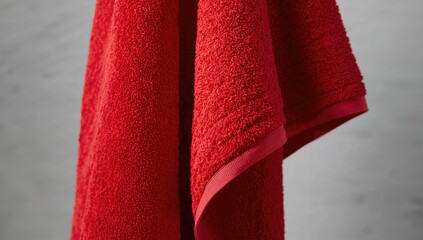 Textile texture of a red towel hanging in a bathroom, suitable for use as a background or layout element