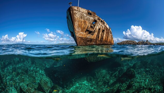 Close-up view of the bow of a shipwreck, examining structural deterioration, preservation