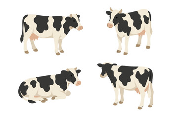 Four black and white dairy cows standing and lying down in various poses