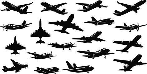 PrintCollection of diverse airplane silhouettes featuring commercial jets, propeller aircraft, military planes, aviation icons, flight illustrations, transportation graphics for design projects