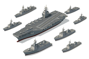 Large aircraft carrier surrounded by a fleet of modern naval warships in isometric view © Andrei