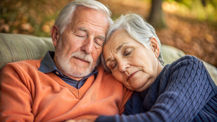 Senior couple peacefully resting together on a sofa in a cozy autumn setting