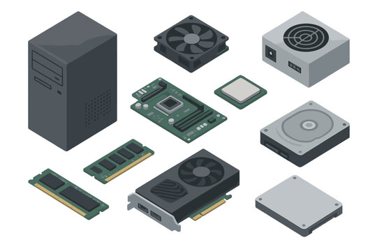 Isometric set of personal computer components including motherboard CPU RAM and power supply