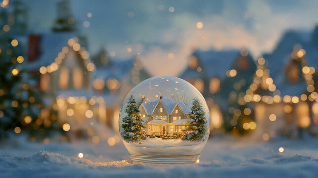 Winter Wonderland in a Snow Globe: A charming village scene encapsulated within a glistening snow globe, radiating warmth and festive cheer amidst a softly falling snow. - Powered by Adobe