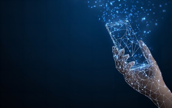 Digital hand holding a glowing smartphone with a network connection on a dark blue background representing modern technology