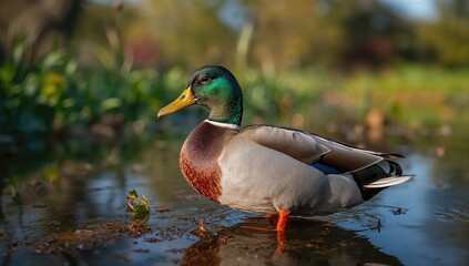 Wild mallard duck swimming in a pond, observing natural habitat