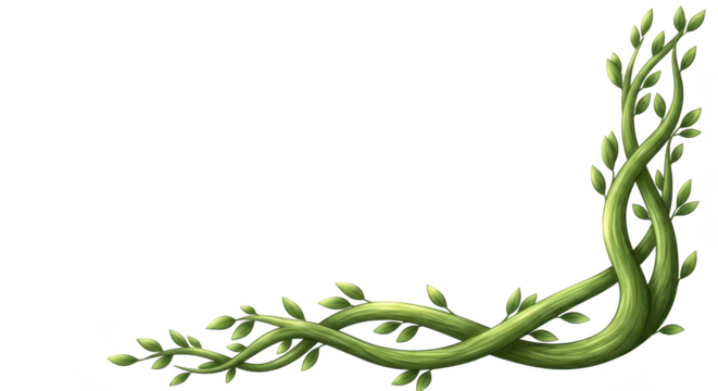 Green vine with leaves forming a decorative corner. Green vine entwined with leaves forming a decorative corner element isolated on transparent background