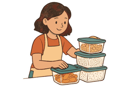 Woman preparing healthy meals and stacking food storage containers for weekly meal prep