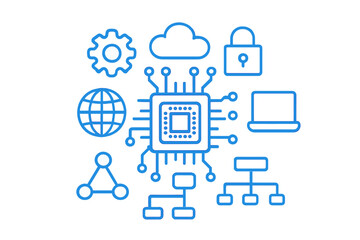 Set of digital technology icons showing microchip, cloud storage, data security, and global network