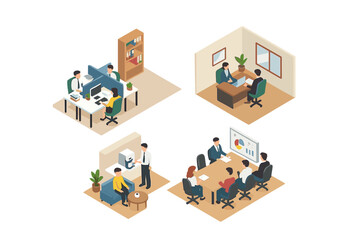 Fototapeta premium Isometric business people working in open space, private meeting, and conference room environments