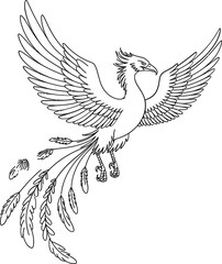 Elegant outline drawing of a mythical phoenix bird in flight with spread wings and long tail feathers