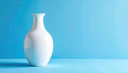 A sleek white ceramic vase with a glossy finish stands on a light blue surface against a textured cyan blue background with soft lighting emphasizing its smooth curves and elegant shape