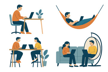 People using laptops in flexible remote work environments and comfortable locations