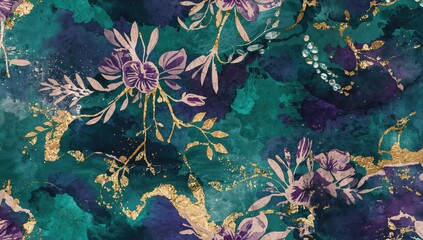 Floral branch seamless pattern on watercolor texture with gold, dark, navy, purple, emerald, green and turquoise hues, suitable for editorial header background