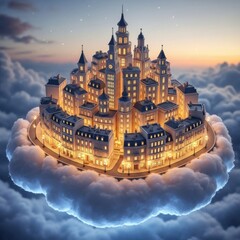 Celestial Metropolis: A Dreamlike City Floating Amidst Fluffy Cloud Formations