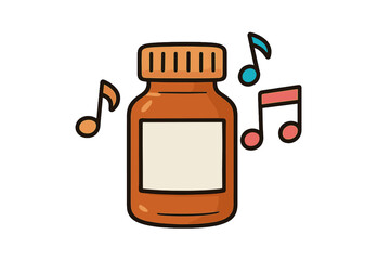 Stylized jar of medication surrounded by colorful music notes for sound therapy